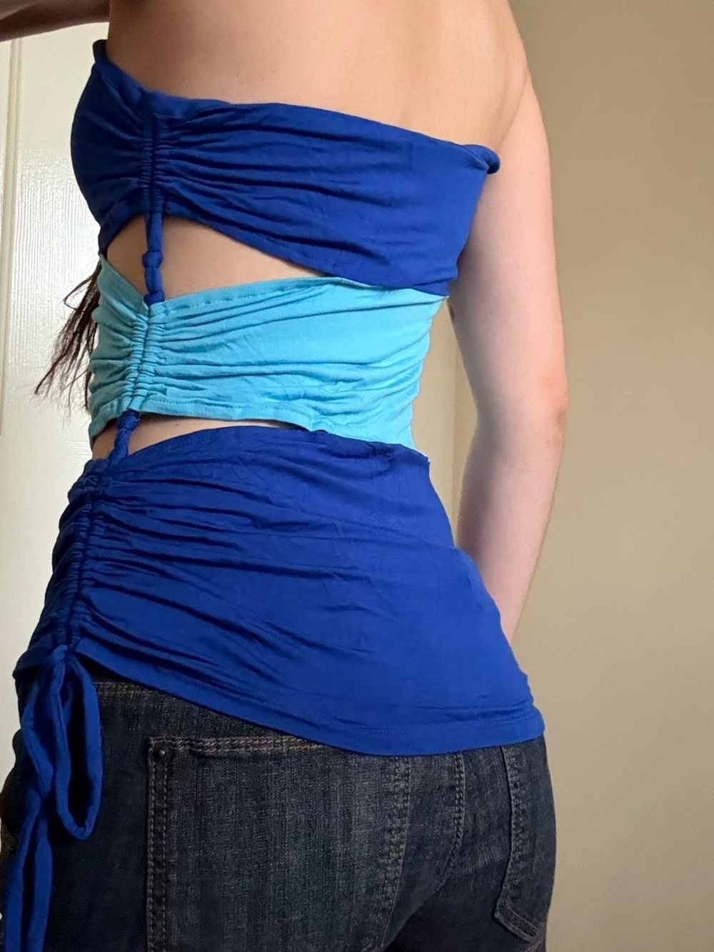 bebe Two-Tone Blue & Aqua Strapless Ruched tube top - Picture 3 of 6